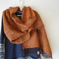ウール１００％　手紡ぎ・手織り　オレンジ・茶色　ストール 1枚目の画像