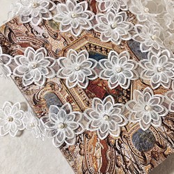 50cm単位 パール付き オーガンジー 刺繍 花 レースブレード モチーフ 白 BK190712 ハンドメイド 手芸 1枚目の画像