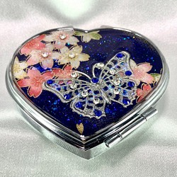 友禅和紙の鏡付きピルケースHANAEMI Heart 桜と蝶 1枚目の画像