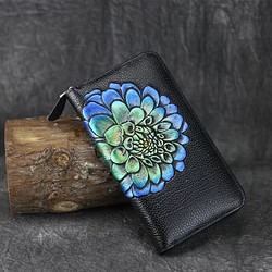 100%高品質の牛革製長財布、ベーシック黒+花型 1枚目の画像