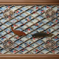 組子アートパネル 【彫刻入り　クラシカル　鯉】 和風インテリアパネル 1枚目の画像