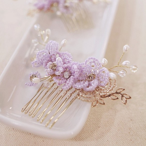 粉紫浪漫華麗串珠水晶梳插Handmade Beads Bridal Headpiece,Purple Headpiece 第1張的照片
