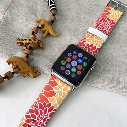 赤橙色の花の - 交換可能なりんごアップルストラップウォッチシリーズ1＆シリーズ2レザーの時計ストラップ 1枚目の画像