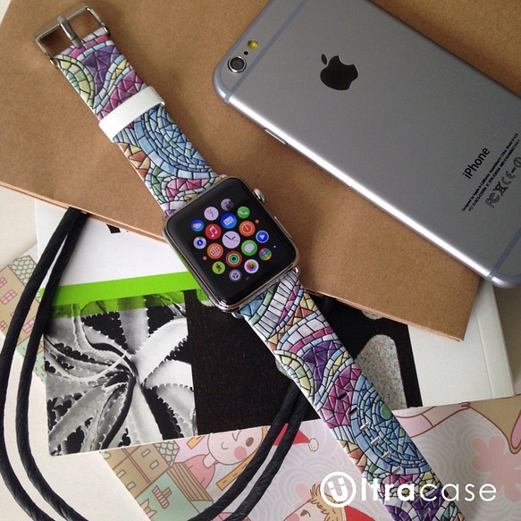 Apple Watch Strap Series 1 & Series 2 真皮手錶帶 更換式蘋果錶帶 - 彩色馬賽克 第1張的照片