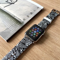 Apple Watch Strap Series 1 & Series 2 真皮手錶帶 更換式蘋果錶帶 - 黑色幾何拼圖 第1張的照片