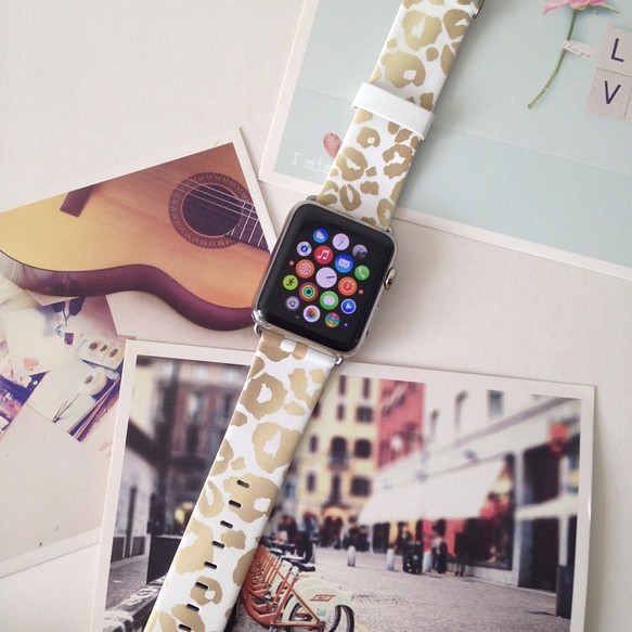 Apple Watch Strap Series 1 & Series 2 真皮手錶帶 更換式蘋果錶帶 - 金棕色豹紋 第1張的照片