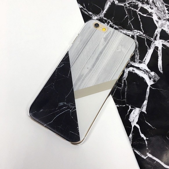 ◎iPhone 透明電話軟殼◎Samsung 透明手機軟殼◎手機配件◎ 灰木與黑色大理石幾何 第1張的照片