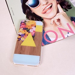 ◎iPhone 透明電話軟殼◎Samsung 透明手機軟殼◎ 粉藍色黃色三角形花卉木紋 第1張的照片