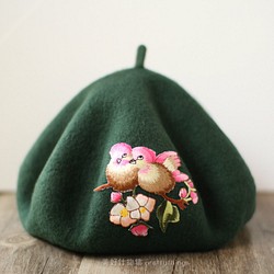 小鳥刺繡貝蕾帽 雨林綠#Rain Forest 【可改帽色】90%羊毛 貝雷帽/畫家帽/帽子/Beret 第1張的照片