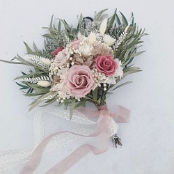 日本進口裸粉色系永生花玫瑰自然線條捧花乾燥花花束海外婚紗 第1張的照片