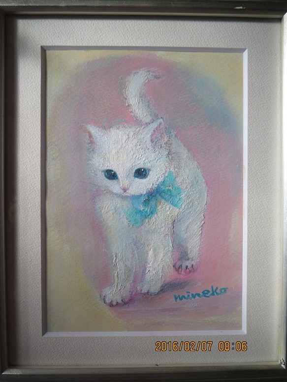 青いリボンの子猫 (原画）(値下げしました） 絵画 おおかみのしっぽ