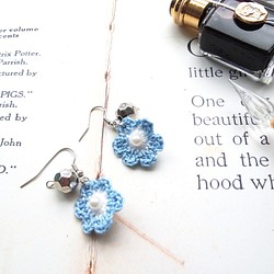 法式淺藍配白色蕾絲線人手編織花系耳環 BE018 第1張的照片