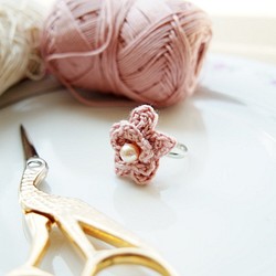 法式粉紅人造珍珠配粉紅蕾絲線人手編織花系戒指 BR044 第1張的照片