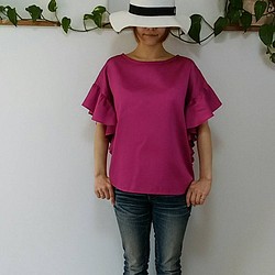 綿サテン大人素敵なフリル袖プラムピンク 1枚目の画像