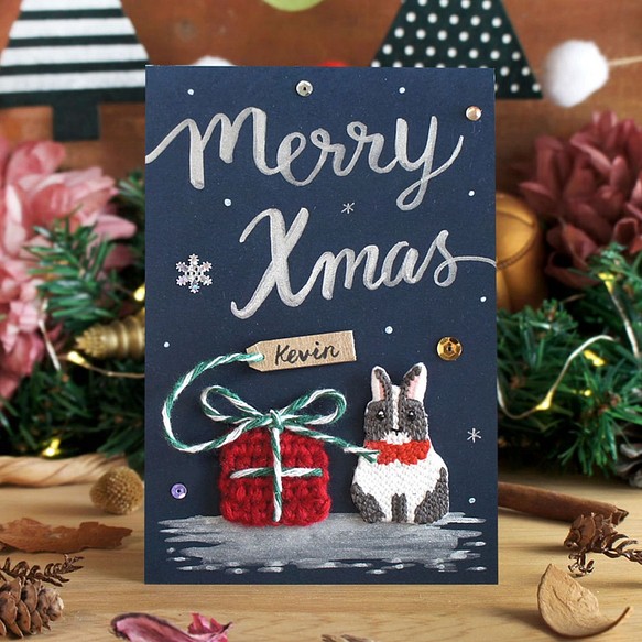 限量聖誕節手工客製明信片-雪地裡的兔子與禮物 第1張的照片