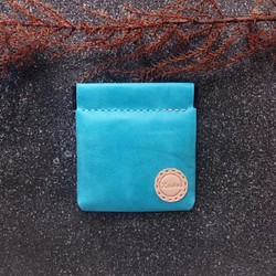 【Xuan Leather選。皮革】彈片零錢包［方形-波紋水藍色］全手工真皮件錢包 第1張的照片