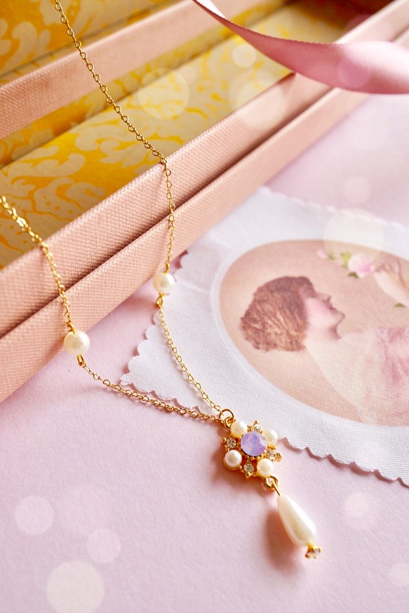 MISAKI手作飾品「睡美人的夢境」－粉水晶鑲鑽珍珠項鍊／手鍊 第1張的照片
