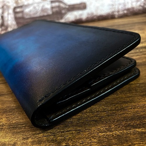 革の手染め- 二つ折り長財布 / ブルー（青+紺） 長財布（メンズ） 革 