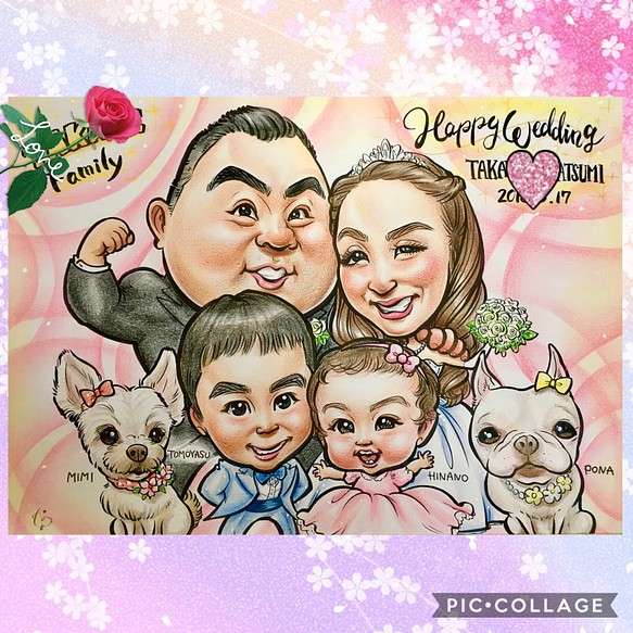 結婚式♡ウェルカムボード♡家族みんなで♡愛犬も♪似顔絵♡ハイ