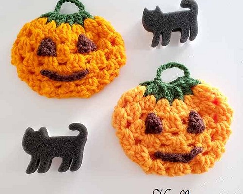 かぼちゃのアクリルたわし ハロウィーン くろねこ スポンジ付き