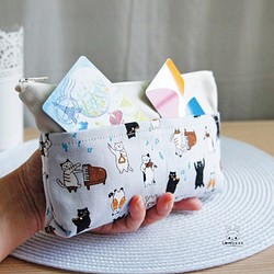 Lovely樂芙妮【日本布訂製】貓咪音樂家大容量多分隔筆袋、工具袋、灰&P 第1張的照片