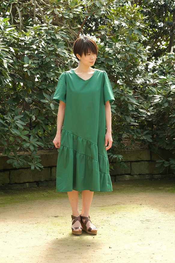 Teared green dress-ティアードワンピース グリーン コットン