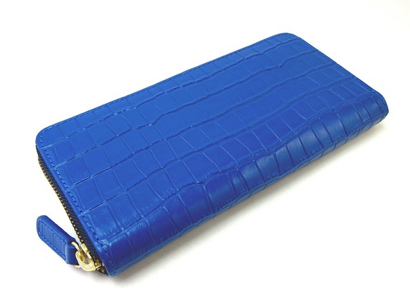 ラウンドファスナー長財布 クロコダイル型押し ブルー 1枚目の画像