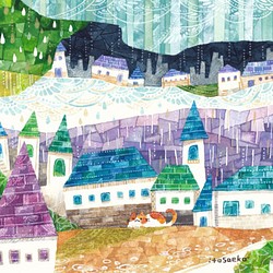 絵画「雨の街にいるネコ」 1枚目の画像
