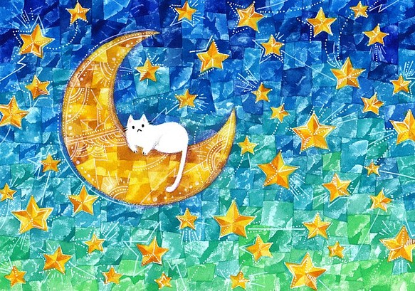 絵画「月と星とネコ」 1枚目の画像