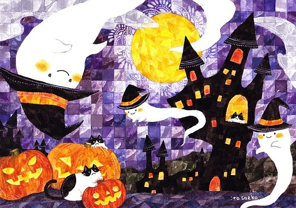 絵画「ハロウィンの夜のネコ」