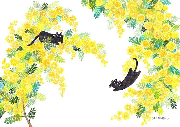 絵画「ミモザとネコ」 1枚目の画像