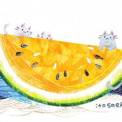 絵画「黄色い西瓜の船とネコ」 1枚目の画像