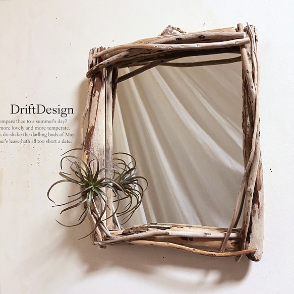 ～Drift Design～　流木と造花のお洒落なロンハーマン風壁掛けミラー　アンティーク　ヴィンテージ　鏡 1枚目の画像
