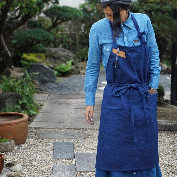 咖啡圍裙/靛藍/三河紡織平紋 第1張的照片