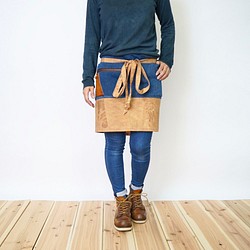 咖啡廳圍裙免費三河純棉鉛筆編織靛藍染色靛藍×柿子棕色休閒，有機，正面 第1張的照片