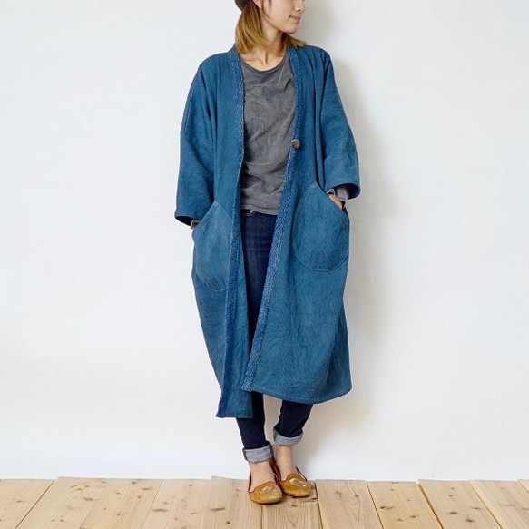 Mokotto 羽織大衣/藍色/Mikawa Cotton Sashiko Weave 第1張的照片