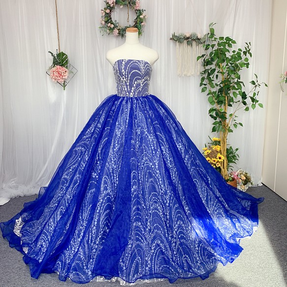 キラキラウェディングドレス　カラードレス　リボン　結婚式　二次会　ブルー　オーダーメイドドレス