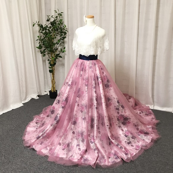ウェディングドレス用 オーバースカート ピンク お花 チュール-