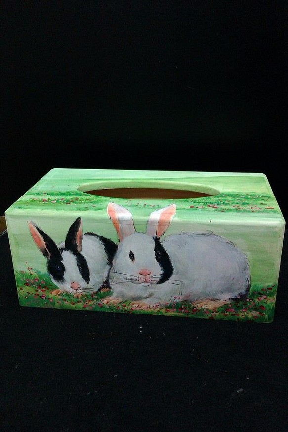 百分之百手繪紐西蘭松木面紙盒-兔子 第1張的照片