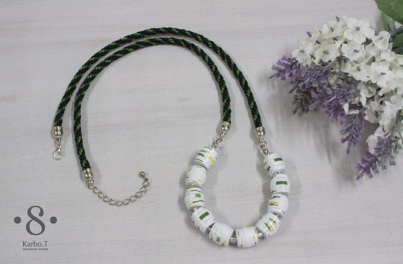 項鍊 頸鍊 頸鏈 珠鍊 粗項鍊 紙珠 紙手作 白綠色 kumihimo 第1張的照片
