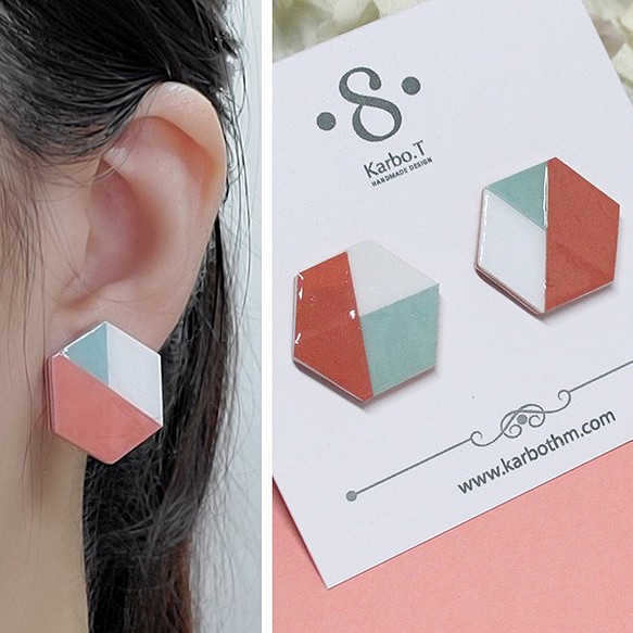 六角形配色日韓款式手工紙製耳環 [HE045] 第1張的照片