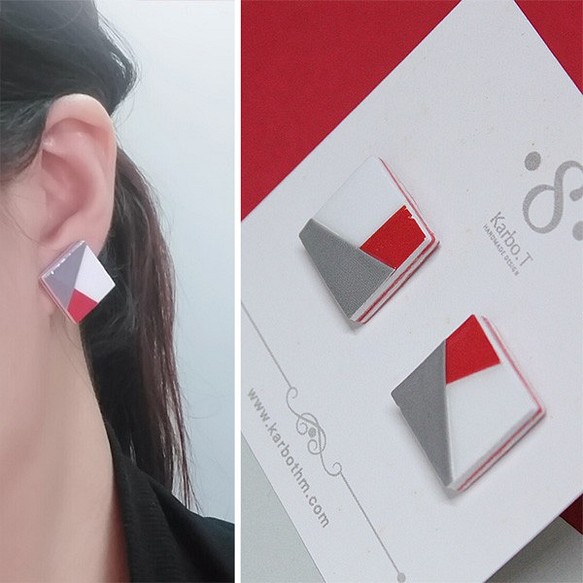 [BSE001] 大正方形拼色日韓手工紙製耳針款式耳環 第1張的照片