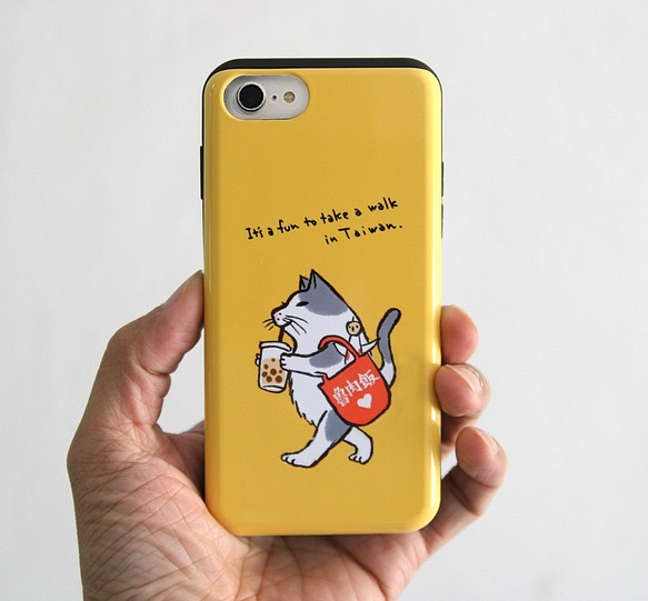 ICカード対応iPhoneケース　猫が台湾散歩（イエロー） 1枚目の画像