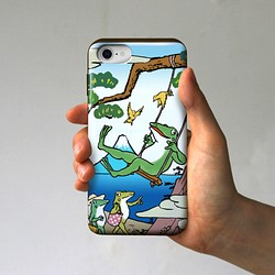 ICカード対応iPhoneケース　カエルがブランコ（浮世絵風） 1枚目の画像