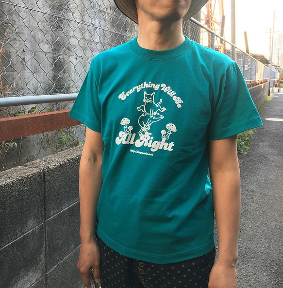 猫とカエルのTシャツ（アップルグリーン）【S】男女兼用 1枚目の画像