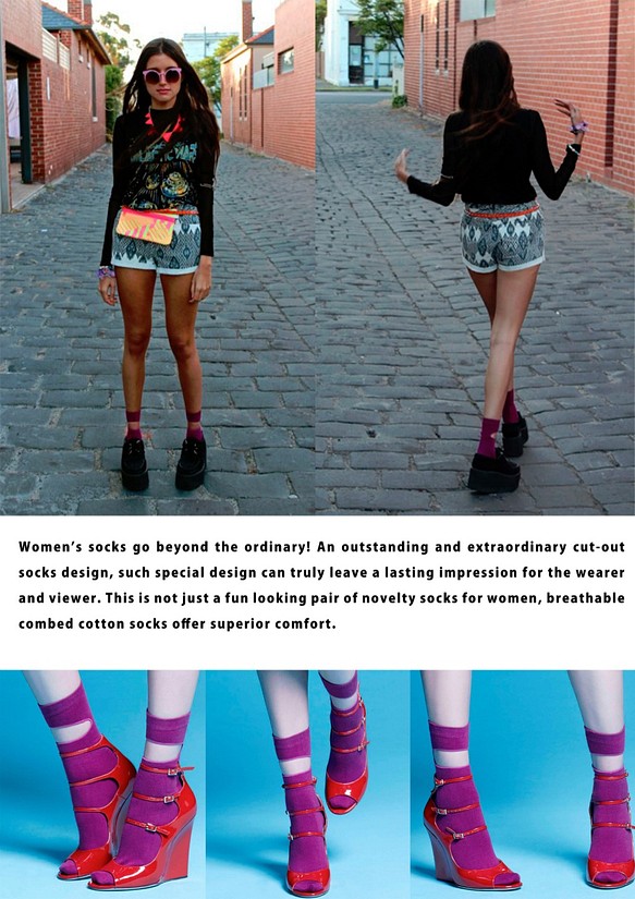 ソックス - 靴下の女の子 - シンプルなソックス - ワインレッドソックス - オープンホールの設計 1枚目の画像