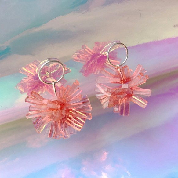 鮭魚粉 水晶珊瑚 純銀耳環 第1張的照片