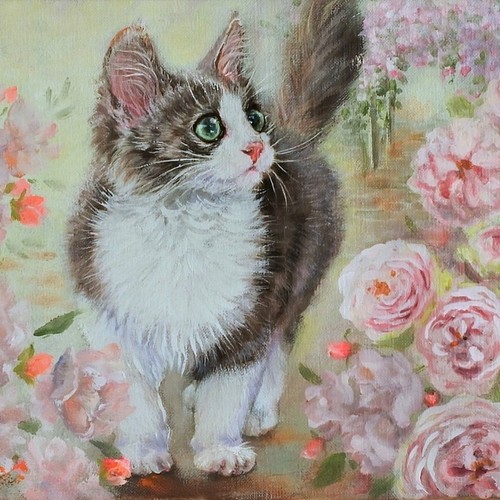 ネコと薔薇の油絵F3号 絵画 mimoza 通販｜Creema(クリーマ)