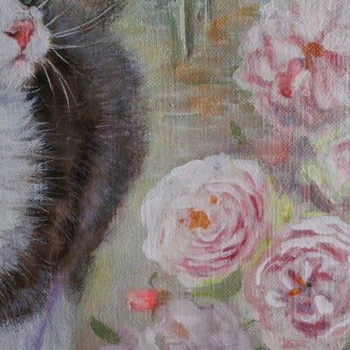 今ならほぼ即納！ 油絵 絵画【猫とピンク薔薇】 絵画/タペストリ - www