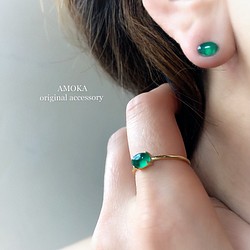 [秋季福袋] [套裝特賣] 高品質 silver925 18KGP 綠縞瑪瑙戒指和綠縞瑪瑙耳環 第1張的照片